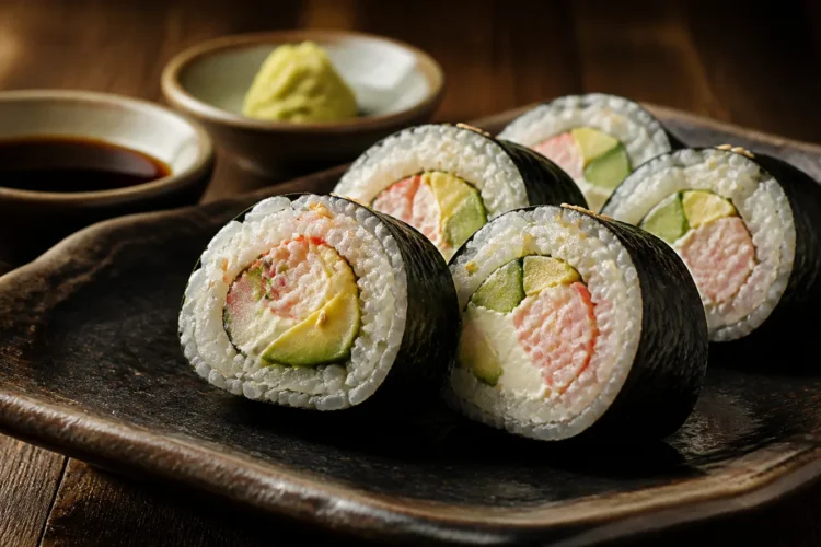 Homemade sushi rolls with imitation crab, avocado, cucumber, and cream cheese