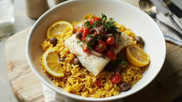 Lemon-Herb Baked Cod with Cherry Tomato-Olive Relish over Saffron Orzo