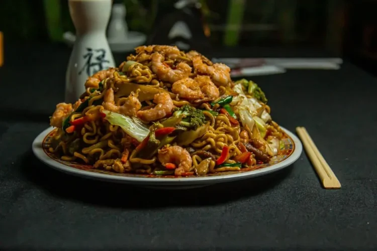 Malaysian Crispy Golden Birthday Noodles with Char Siu and Prawns