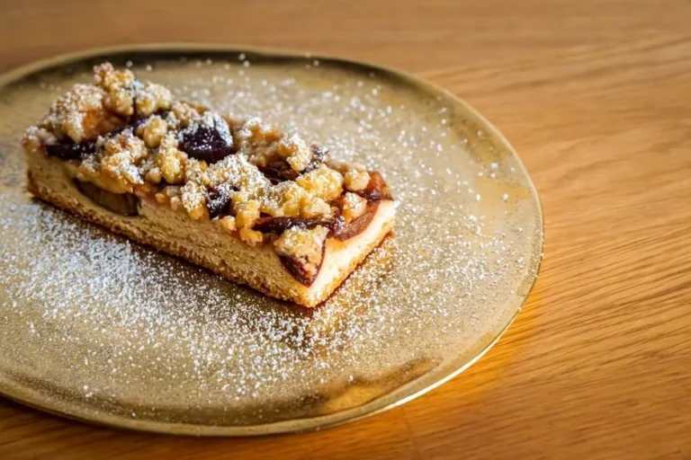 Olive Oil Cake with Roasted Plums, Amaretti Crumble, and Mascarpone Cream