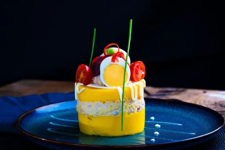 Peruvian Layered Yellow Potato Cake with Chicken and Avocado