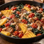 Skillet chicken sausage with white beans, tomatoes, kale, and crispy polenta