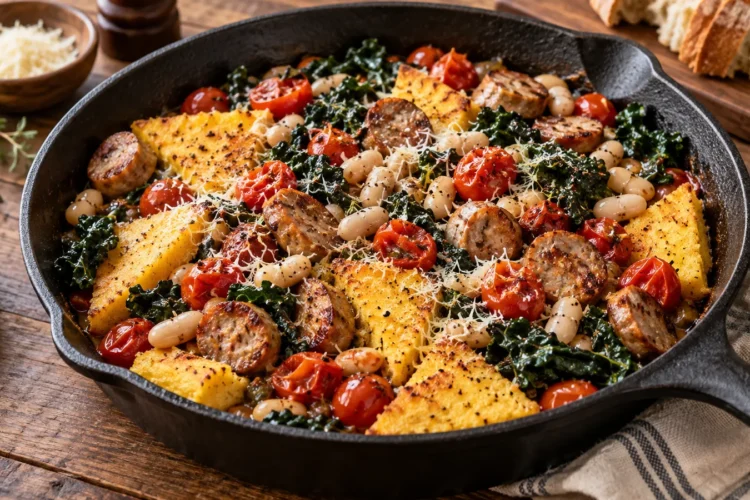 Skillet chicken sausage with white beans, tomatoes, kale, and crispy polenta