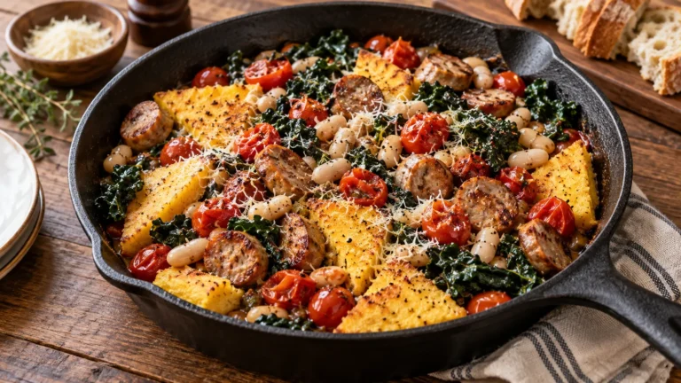Skillet Chicken Sausage with White Beans, Tomatoes, and Crispy Polenta
