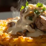 Zurich-Style Creamy Veal and Mushroom Ragout over Crispy Potato Pancake