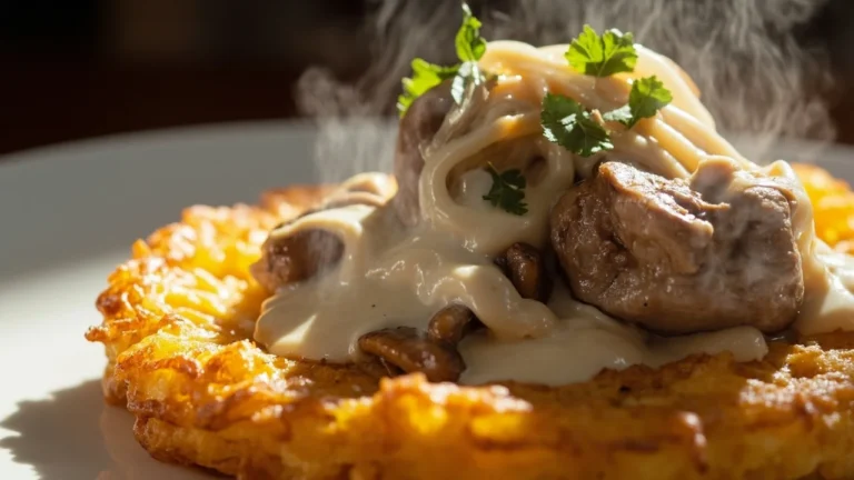 Zurich-Style Creamy Veal and Mushroom Ragout over Crispy Potato Pancake