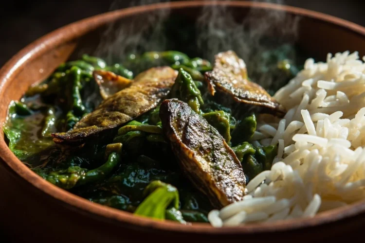 Benin-style leaf sauce with smoked fish and amaranth, rice