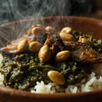 Angolan cassava leaf stew with smoked fish and peanuts