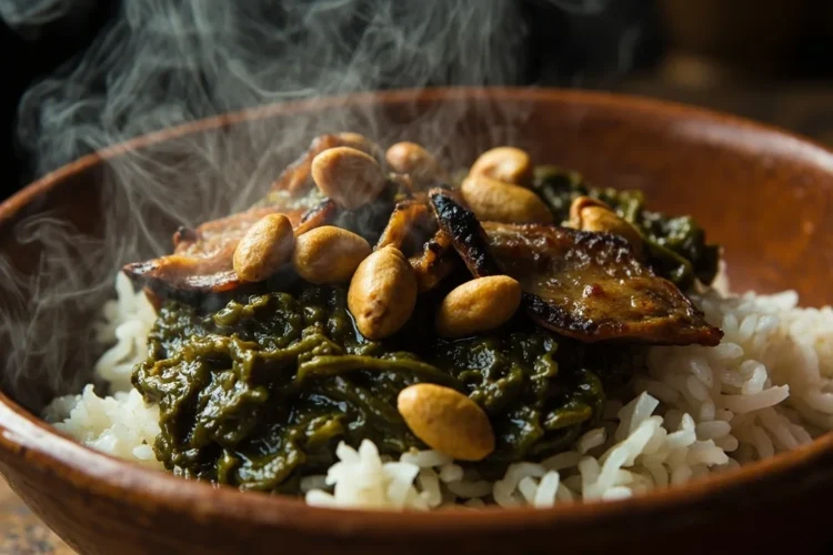 Angolan cassava leaf stew with smoked fish and peanuts