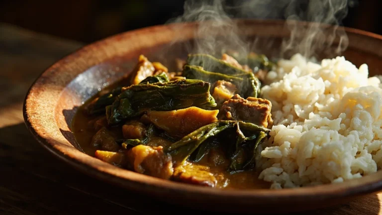 Congolese Cassava Leaf Stew with Beef, Smoked Fish, and Peanut Sauce