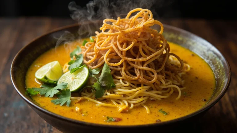 Myanmar Coconut Curry Egg Noodles with Crispy Noodle Crown