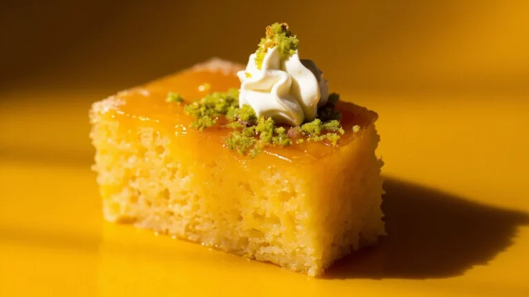 Bahraini Saffron Semolina Cake with Cream and Pistachios