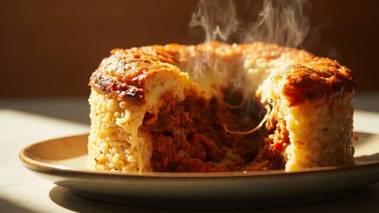 Italian Rice Drum with Meat Sauce and Mozzarella