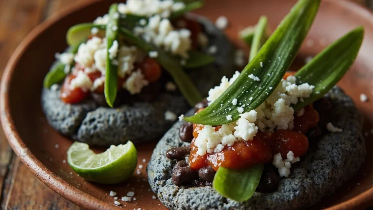 Oval Mexican Masa Cakes with Black Beans and Salsa Verde