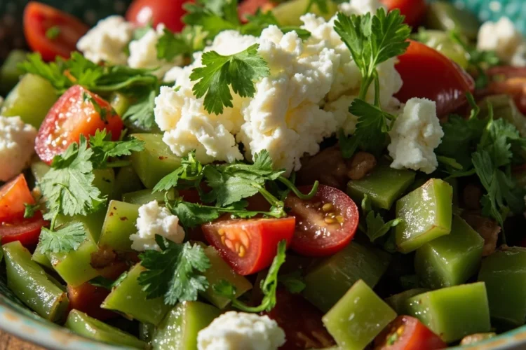 Mexican Cactus Paddles Salad with Tomato, Onion, and Queso
