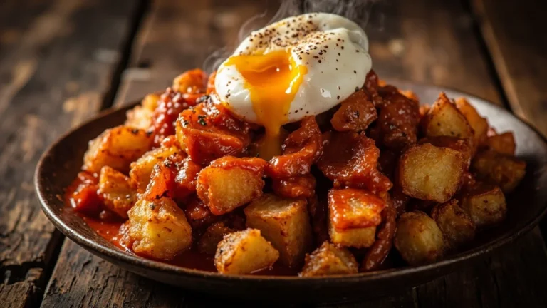 Spanish Bravas Potatoes with Chorizo and Poached Eggs