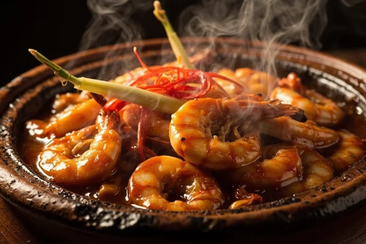 Vietnamese caramel shrimp with lemongrass in clay pot