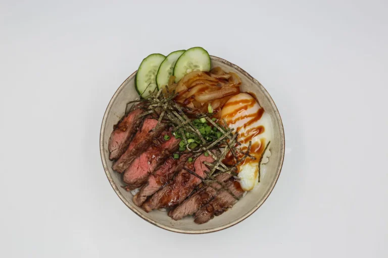 Beef Teriyaki Rice Bowl with Caramelized Onions and Onsen Egg