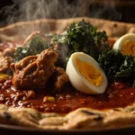 Slow-Simmered Chicken Wat with Hard-Boiled Eggs, Lacinato Kale, and Warm Ginger Oil