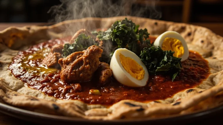 Slow-Simmered Chicken Wat with Hard-Boiled Eggs, Lacinato Kale, and Warm Ginger Oil