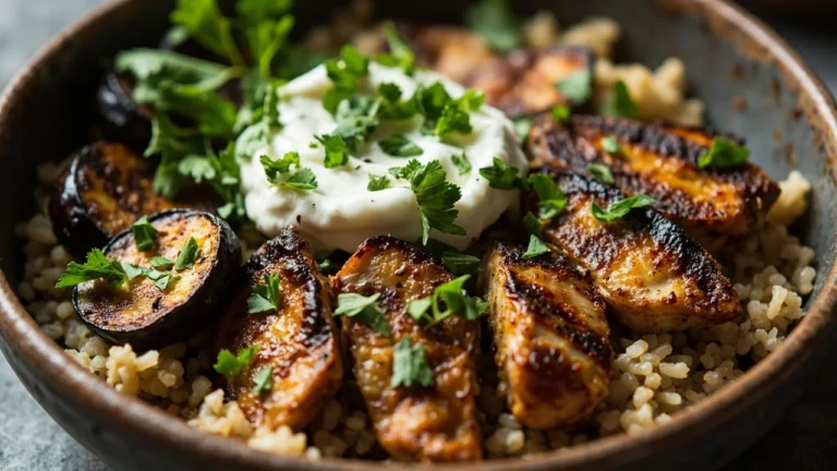 Turkish-Spiced Chicken & Bulgur Bowl with Charred Eggplant and Garlic Yogurt