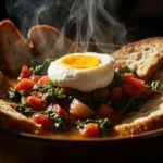 Maremma-style cooked water soup with bread and poached egg (acquacotta)