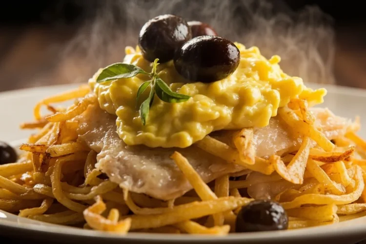 Portuguese salted cod hash with straw potatoes (bacalhau a bras)
