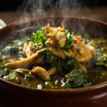 Lebanese Jute Leaf Stew with Chicken and Garlic