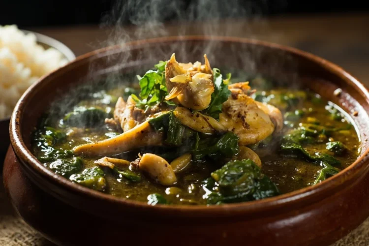 Lebanese Jute Leaf Stew with Chicken and Garlic