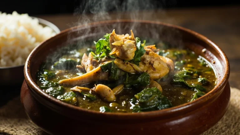 Lebanese Jute Leaf Stew with Chicken and Garlic