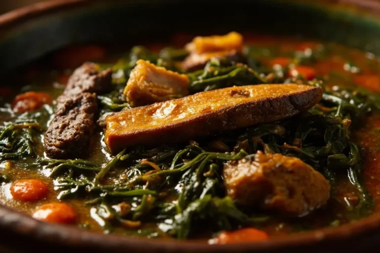 Cameroon eru soup with smoked fish and beef