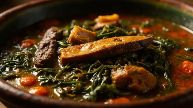 Cameroon Eru Soup with Smoked Fish and Beef