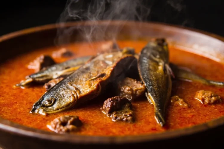 Cameroonian palm nut soup with smoked fish and beef