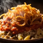 Egyptian Koshari with Crispy Onions and Spicy Tomato Sauce