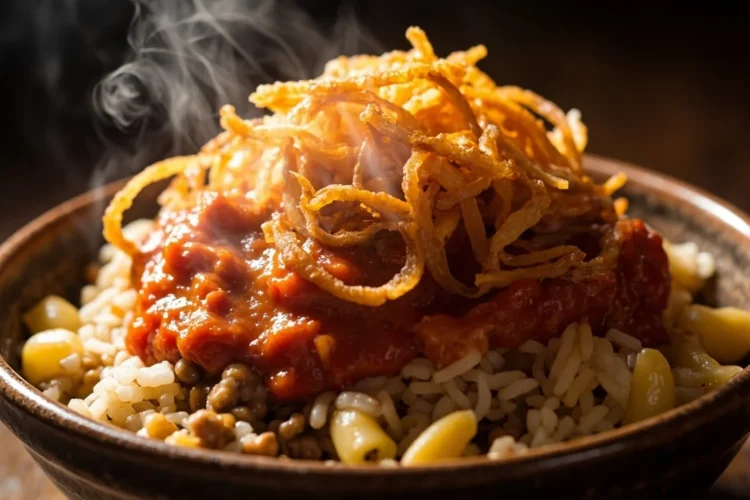 Egyptian Koshari with Crispy Onions and Spicy Tomato Sauce