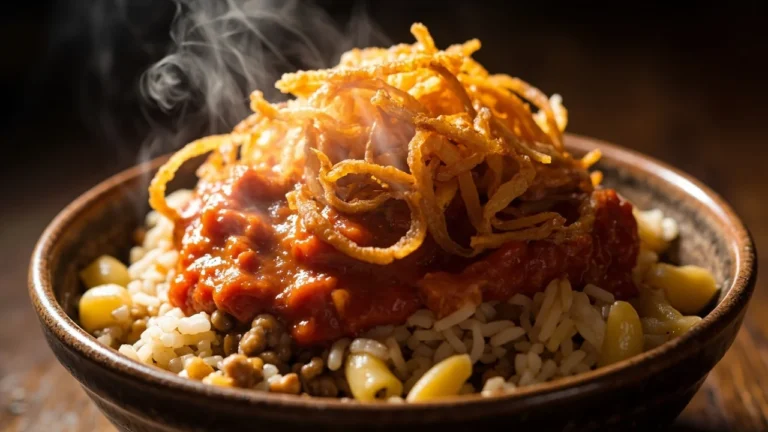 Egyptian Koshari with Crispy Onions and Spicy Tomato Sauce