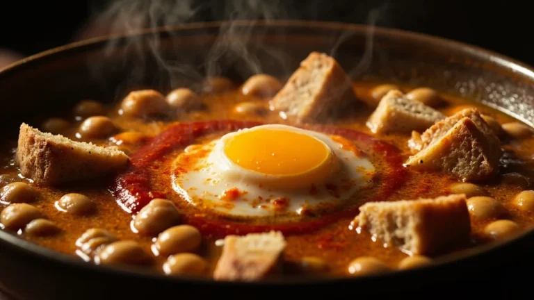 Tunisian Harissa Chickpea Soup with Bread and Soft Egg