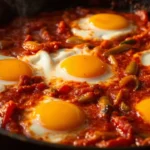 Tunisian Baked Eggs with Sweet Peppers and Harissa