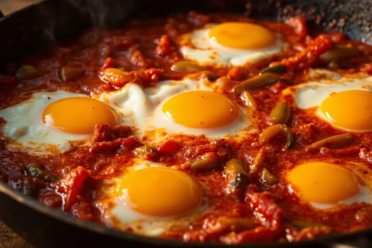 Tunisian Baked Eggs with Sweet Peppers and Harissa