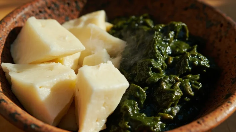 Boiled Yam with Cocoyam Leaf Stew