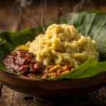 Ugandan Steamed Green Plantains with Groundnut Sauce