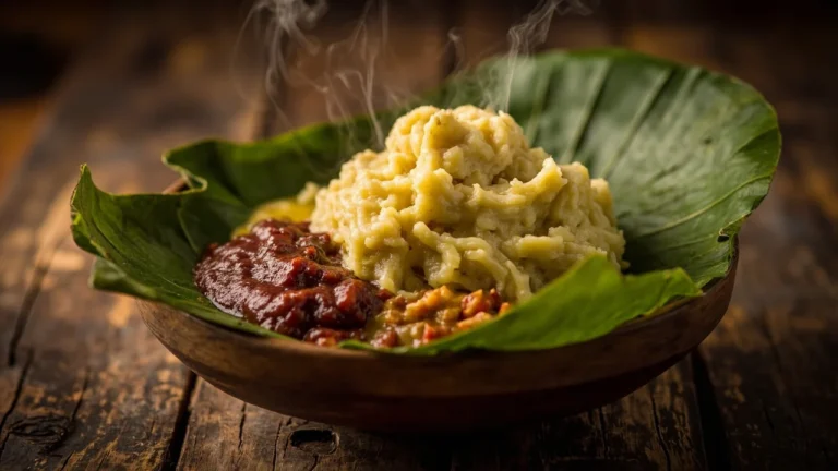 Ugandan Steamed Green Plantains with Groundnut Sauce