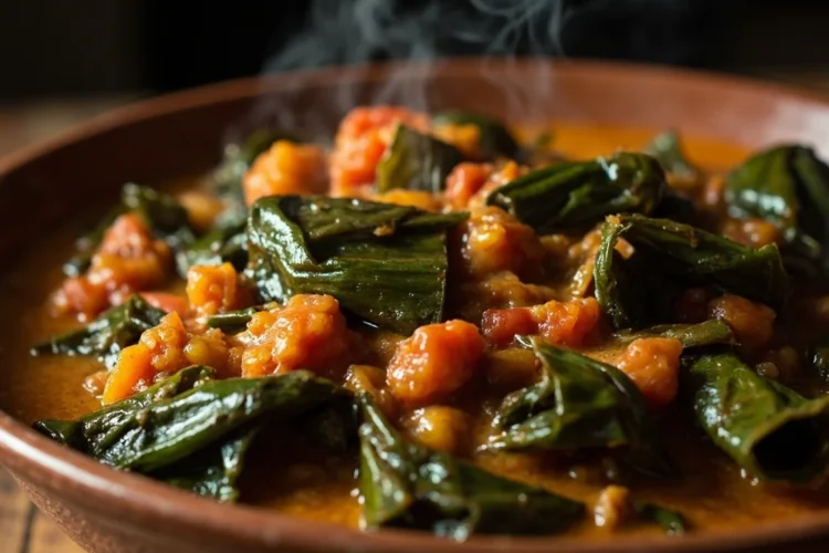Zimbabwean Pumpkin Leaf Stew in Tomato-Peanut Sauce
