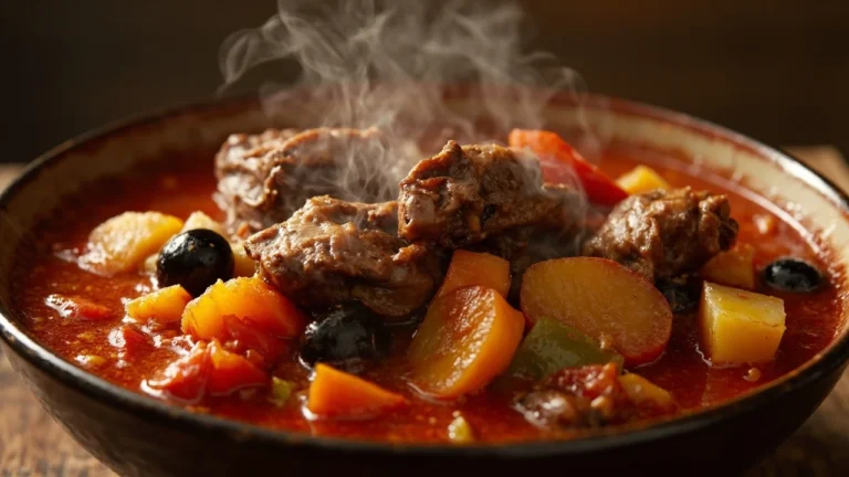 Filipino Goat Stew Caldereta with Tomatoes and Olives