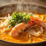 Straits Chinese Coconut Curry Noodle Soup with Prawns and Chicken