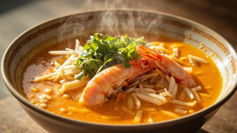 Straits Chinese Coconut Curry Noodle Soup with Prawns and Chicken