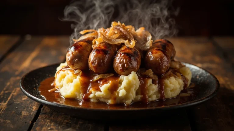 Classic British Bangers and Mash with Caramelized Onion Gravy