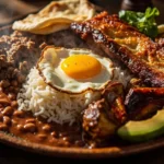 Colombian bandeja paisa platter with beans, rice and pork
