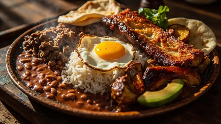 Colombian Bandeja Paisa Platter with Beans, Rice, and Crispy Pork