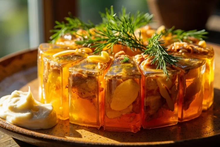 Russian chilled meat jelly kholodets with garlic